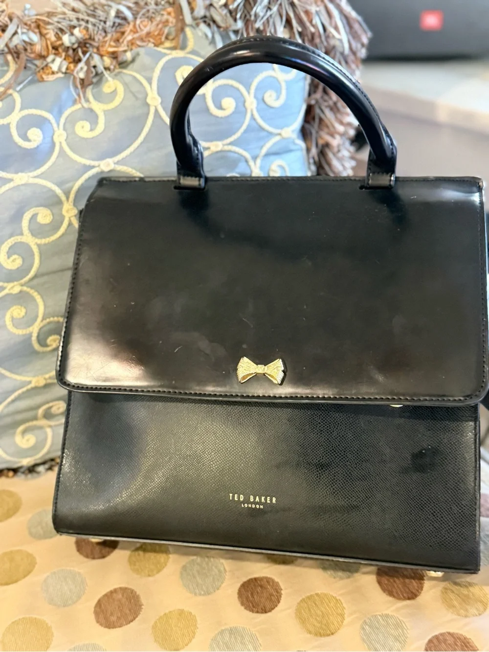 Ted Baker Black Structured Top-Handle Satchel with Gold Bow